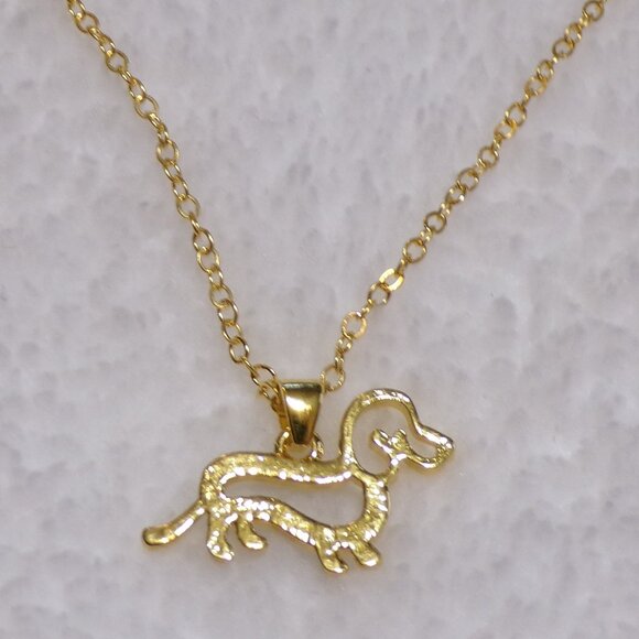 Gold Dachshund 18" Necklace Rhinestone Girls Hot Dog Doxie - Picture 5 of 6